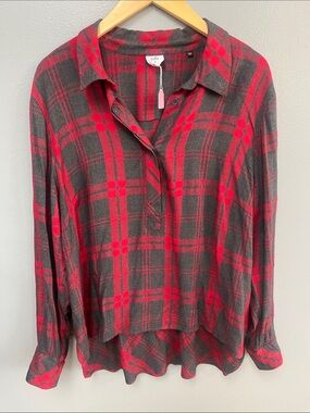 CAbi Red and Gray Plaid Button-Front Shirt